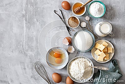 Baking ingredients: flour, eggs, sugar, butter, milk and spices Stock Photo