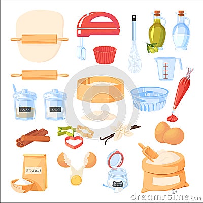 Baking ingredients and kitchen utensil icons. Vector flat cartoon illustration. Cooking and recipe design elements Vector Illustration