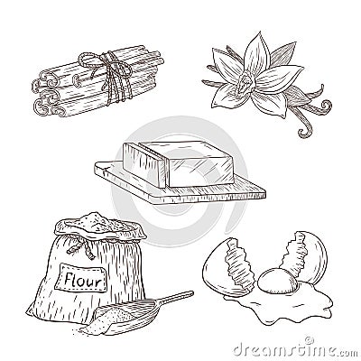 Baking Ingredients Set. Collection of Engraved Food Illustrations for logo, recipe, sticker, print, bakery menu design Vector Illustration