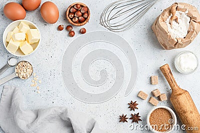 Baking ingredients and utensils on concrete background Stock Photo