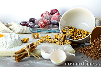 Baking ingredients on white background. Stock Photo