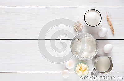 Baking ingredients on white rustic wood background, copy space Stock Photo