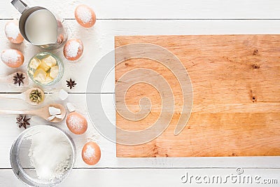 Baking ingredients on white rustic wood background, copy space Stock Photo