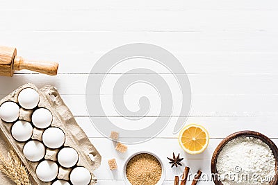 Baking ingredients on white wooden table background Stock Photo