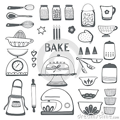 Baking kitchen icon illustration set. Vector black and white outlines. Vector Illustration