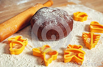 Baking, the process of kneading dough.Rolling pin for rolling dough.Sprinkle flour on the board Stock Photo