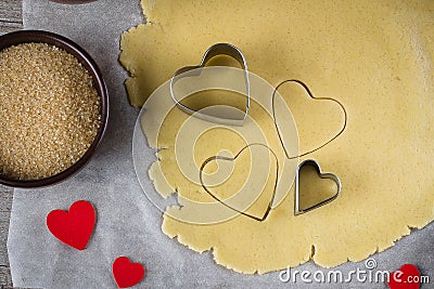 Baking love heart cookies for Valentine day. Top view Stock Photo