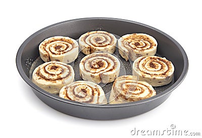 Pan Full of Unbaked Cinnamon Roll Dough Ready to be Cooked Stock Photo