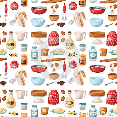 Baking pastry prepare cooking ingredients kitchen utensils homemade food preparation baker seamless pattern background Vector Illustration