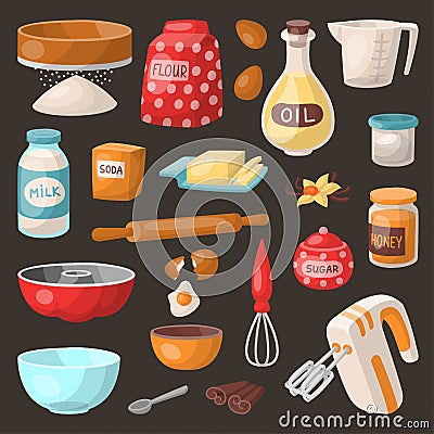 Baking pastry prepare cooking ingredients kitchen utensils homemade food preparation baker vector illustration. Vector Illustration