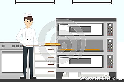 Baking pizza in the restaurant. Vector Illustration