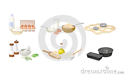 Baking Process with Herbs Pounding with Pestle and Dough Molding Using Cookware Vector Set Vector Illustration