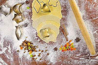 Baking scenery with moon, star, flower, fish heart shaped cookie cutter, rolled pastry, rolling pin, wheat flour, candied fruit, Stock Photo