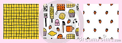 Baking seamless pattern collection. Cute hand drawn doodle prints for bakery, kitchenware, recipe book. Vector Illustration