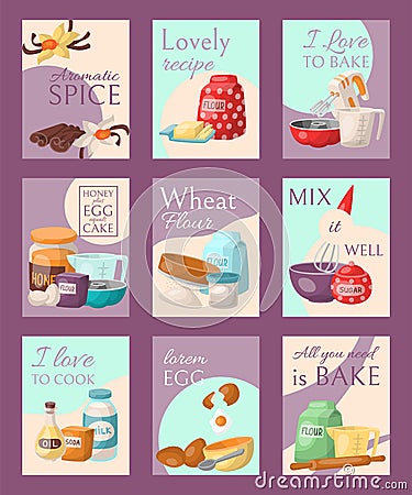Baking set of cards vector illustration. Aromatic spice, lovely recipe, I love to bake or cook, honey plus eggs equals Vector Illustration