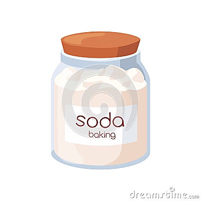 Baking soda in glass jar, closed with wooden lid. Sodium bicarbonate, cooking powder. Alkaline, antacid bicarb in Vector Illustration