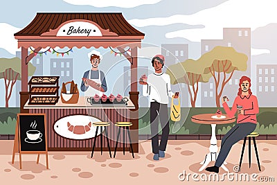 Baking street kiosk. Fresh homemade bread, cupcakes and baguette, cartoon seller, happy buyers, street market and cafe Stock Photo