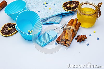 Baking supplies, fresh honey, fragrant spices and dry fruits Stock Photo