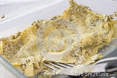 Leftovers of pesto lasagne Stock Photo