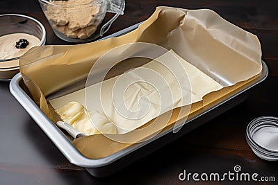 baking tray with parchment paper and pastry bag for piping cream filling Stock Photo