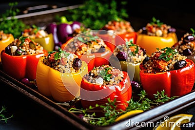 baking tray with stuffed large bell peppers with tunafish Stock Photo