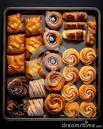 Baking tray top view with variety of Danish pastries made of dough of different shapes and with choice of fillings. Generative AI Stock Photo