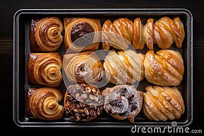 Baking tray top view with variety of Danish pastries made of dough of different shapes and with choice of fillings. Generative AI Stock Photo