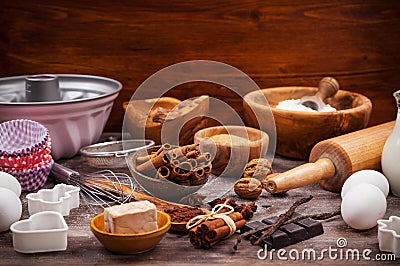 Baking utensils and ingredients Stock Photo