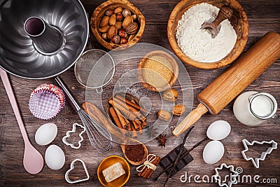 Baking utensils and ingredients Stock Photo