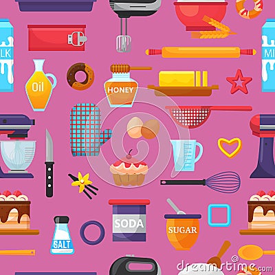 Baking vector kitchenware and food bakery ingredients for cake illustration caking set of cooking cupcake or pie with Vector Illustration