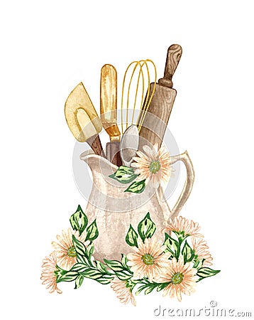 Baking watercolor illustration with kitchen utensils in a clay jag with flowers, polling pin, whisk, spoon on white Cartoon Illustration