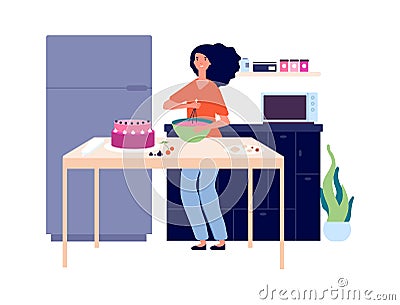 Baking workshop. Girl cooking pie, bakery kitchen. Birthday festive eating, sweet cake and happy female character Vector Illustration