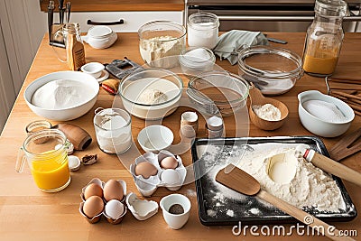 baking workshop, with ingredients and tools laid out on countertop Stock Photo