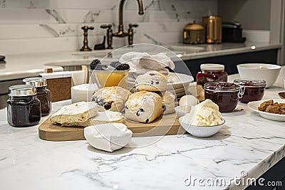 baking workshop with scones, jam, and clotted cream on a marble countertop Stock Photo