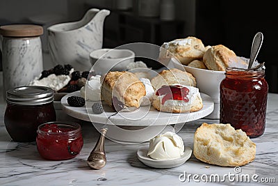 baking workshop with scones, jam, and clotted cream on a marble countertop Stock Photo