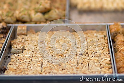 Baklava. arab dessert. filled with chopped almonds. Middle East style. Stock Photo