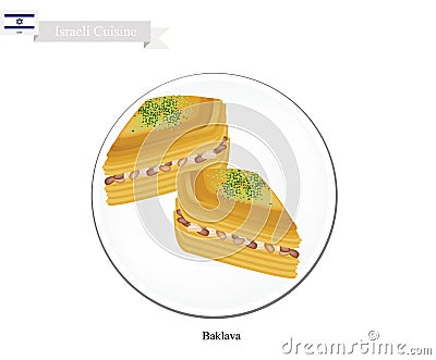 Baklava or Israeli Cheese Pastry with Syrup and Nuts Vector Illustration