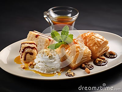 Baklava Ramadan Dessert, Eastern Sweet Pastries, Turkish Baklawa, Traditional Oriental Desert Mix Stock Photo