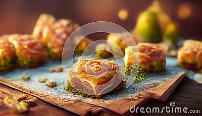 Baklava. Ramadan Dessert. Traditional Arabic dessert with nuts and honey, cup of tea on a concrete table. Top view, copy Stock Photo