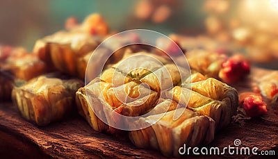 Baklava. Ramadan Dessert. Traditional Arabic dessert with nuts and honey, cup of tea on a concrete table. Top view, copy Stock Photo