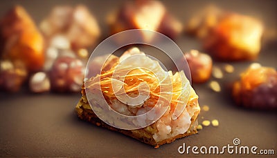 Baklava. Ramadan Dessert. Traditional Arabic dessert with nuts and honey, cup of tea on a concrete table. Top view, copy Stock Photo