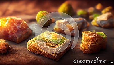 Baklava. Ramadan Dessert. Traditional Arabic dessert with nuts and honey, cup of tea on a concrete table. Top view, copy Stock Photo