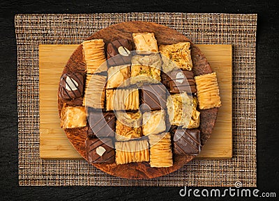 Baklava Set Top View, Ramadan Dessert, Eastern Sweet Filo Pastries, Honey Baklawa, Oriental Desert Stock Photo