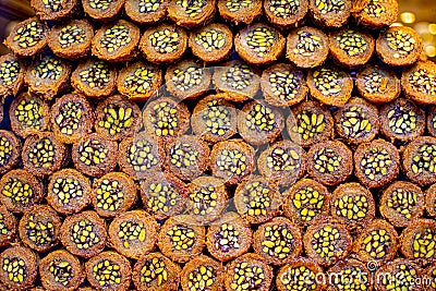 Traditional .Turkish delight on market named Kadayif Dolmasi. Middle eastern ramadan pastry dessert baklava for iftar. Stock Photo