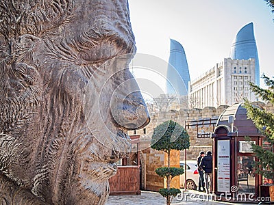 Sculpture head of Aliaga Vahid in Old City of Baku. Editorial Stock Photo