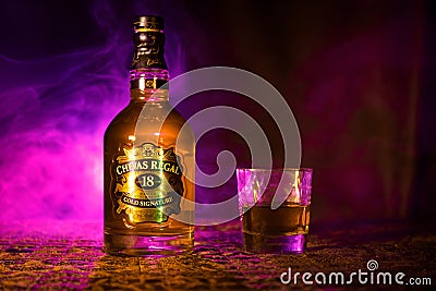 BAKU, AZERBAIJAN - MARCH 25, 2018: Blended from whiskies matured for at least 18 years, Chivas Regal 18 Gold Signature is a blende Editorial Stock Photo
