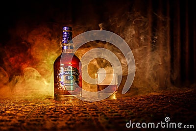 BAKU, AZERBAIJAN - MARCH 25, 2018: Blended from whiskies matured for at least 18 years, Chivas Regal 18 Gold Signature is a blende Editorial Stock Photo