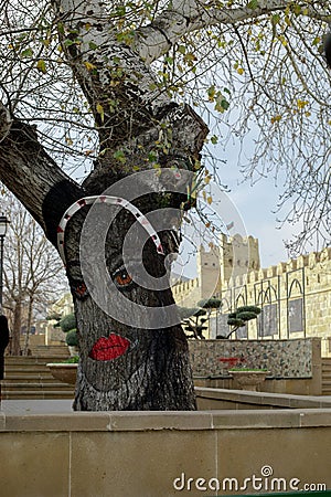 Baku azerbaijan old city. street art wall plant tree decoration. female face picture Editorial Stock Photo