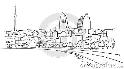 Baku Azerbaijan Panorama Sketch Vector Illustration
