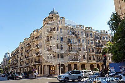 building in the classical style at one of the crossroads in the center of Baku Editorial Stock Photo